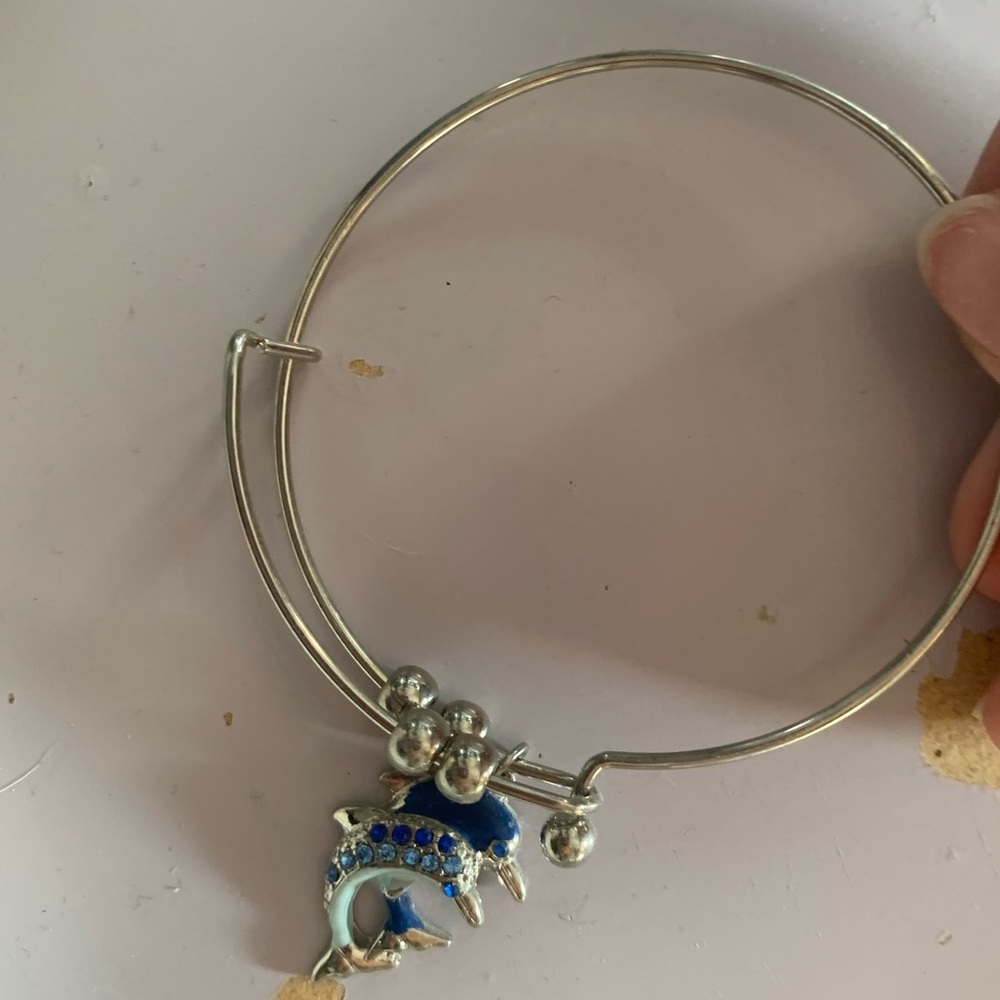 A silver bracelet that is easily adjustable with blue dolphins for $3